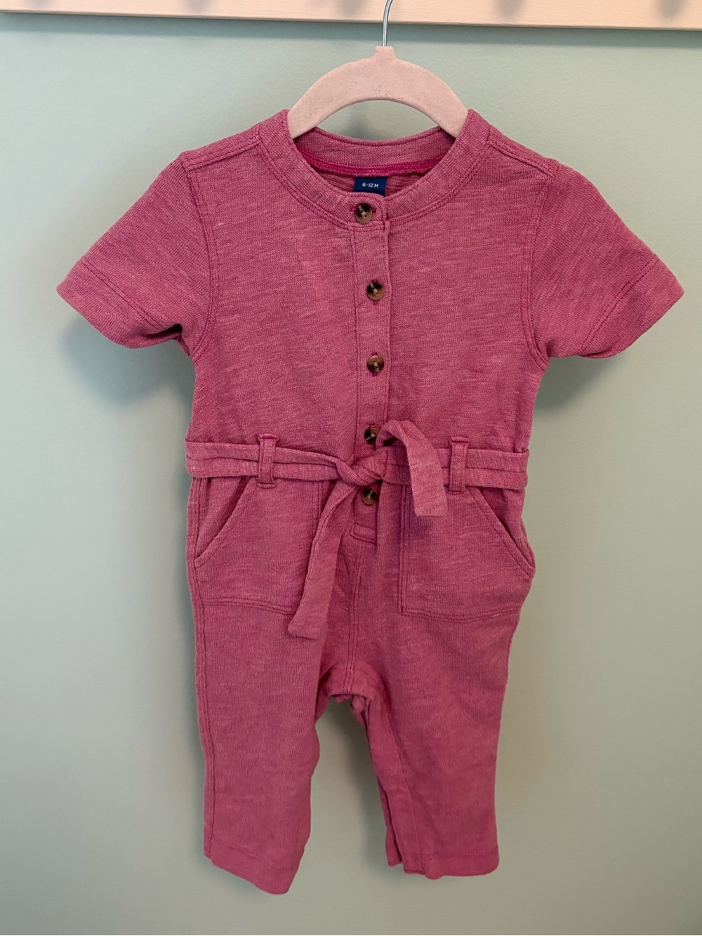 Old Navy Mauve-Pink Short Sleeve Belted Baby Jumpsuit